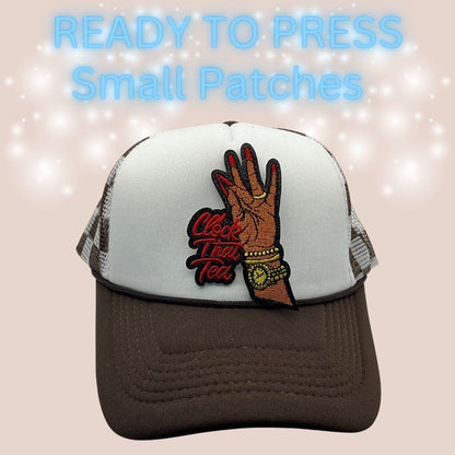 Ready to Press “Clock That Tea” Embroidered Hand Patch | Small Heat Transfer Patch for Hats & Apparel