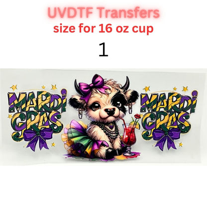 Mardi Gras UVDTF Cup Wrap | Carnival Tumbler Decal | Purple Green Gold Beads Mask Design | 16oz Glass Cup Transfer
