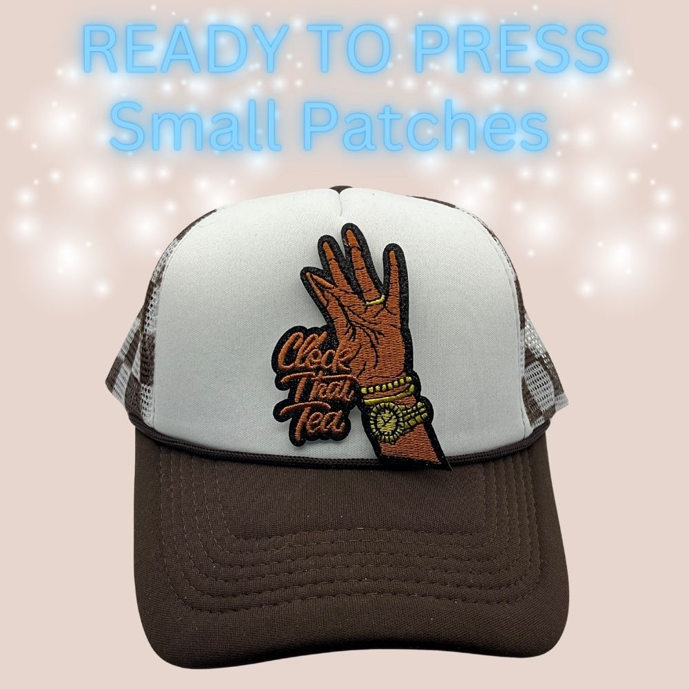 Ready to Press “Clock That Tea” Embroidered Hand Patch | Small Heat Transfer Patch for Hats & Apparel