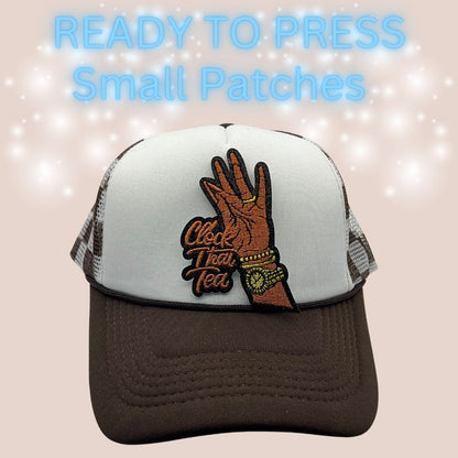 Ready to Press “Clock That Tea” Embroidered Hand Patch | Small Heat Transfer Patch for Hats & Apparel