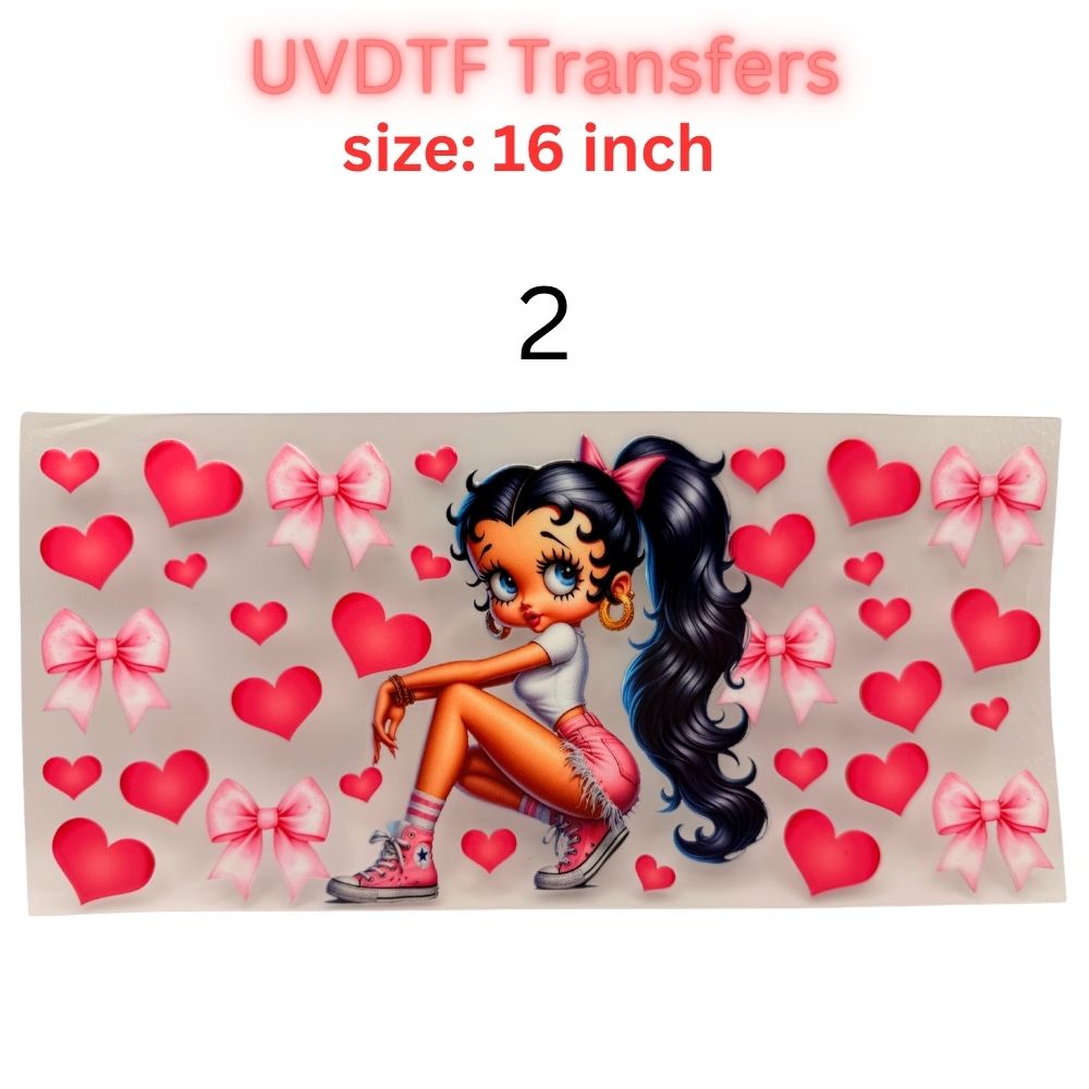 Retro Pin-Up Girl UVDTF Cup Wrap | Cute Heart Aesthetic 16oz Libbey Wrap | Valentine Coquette Tumbler Transfer | Girly Cartoon Decal