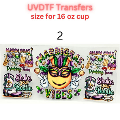 Mardi Gras UVDTF Cup Wrap | Carnival Tumbler Decal | Purple Green Gold Beads Mask Design | 16oz Glass Cup Transfer