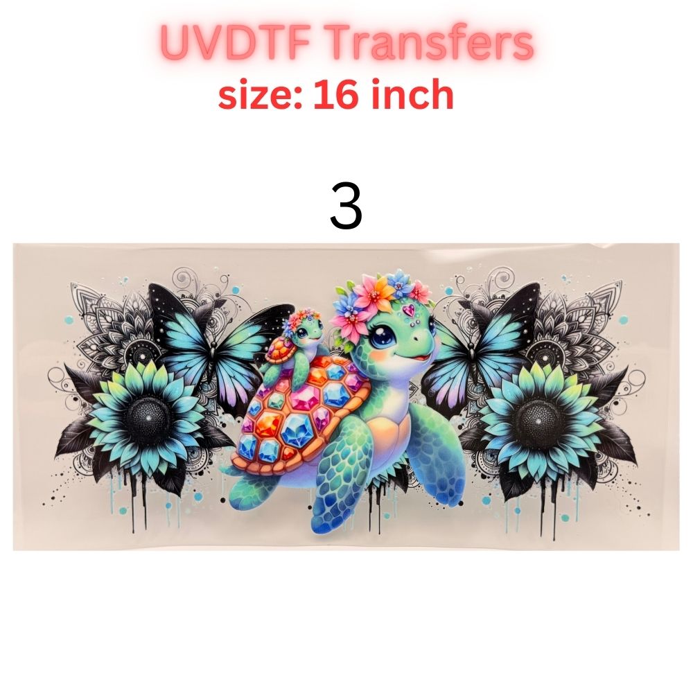 UV DTF Transfer – Colorful Floral Sea Turtle Design – 16 Inch