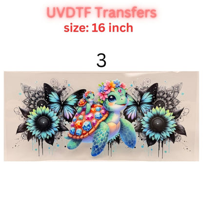 UV DTF Transfer – Colorful Floral Sea Turtle Design – 16 Inch