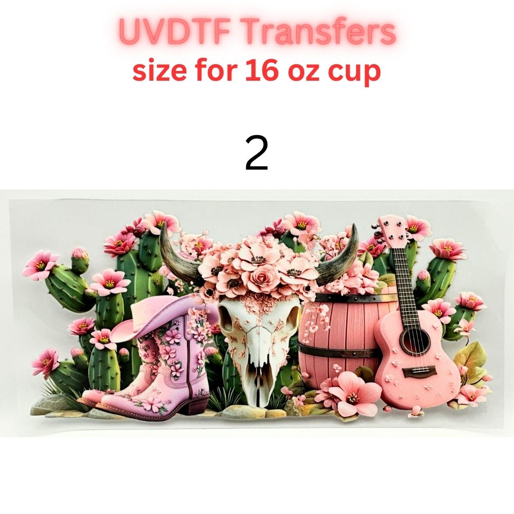 Western UVDTF Cup Wrap | Country Cowgirl Tumbler Decal | Floral Skull & Farmhouse Designs | 16oz Glass Cup Transfer