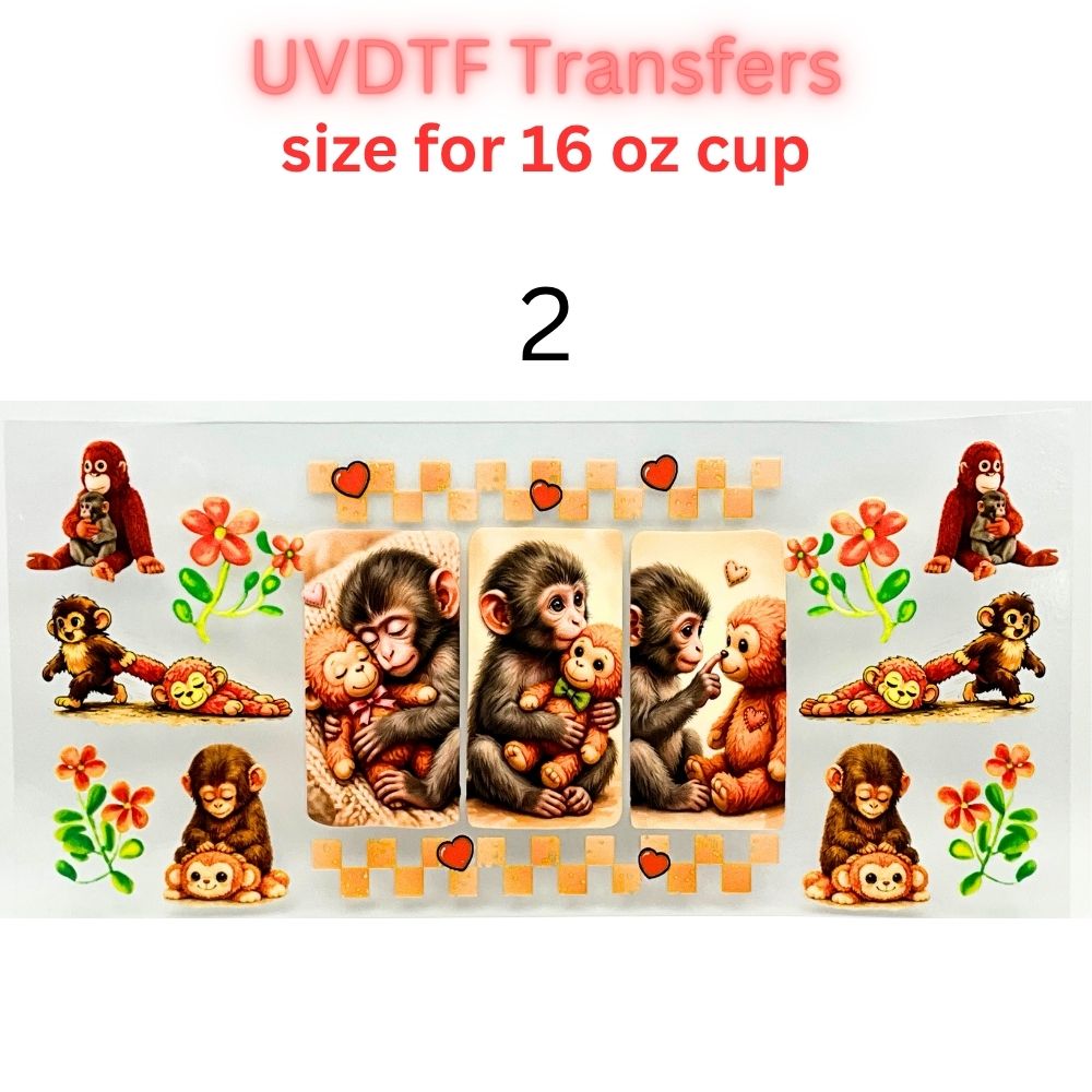 Cute Monkey UVDTF Cup Wrap | Plush Animal Tumbler Decal | Kawaii Cartoon Wrap | 16oz Glass Cup Transfer