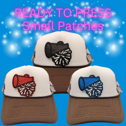 ⭐ READY TO PRESS – Cheer Megaphone & Pom Small Patches (Black, Red, Blue)