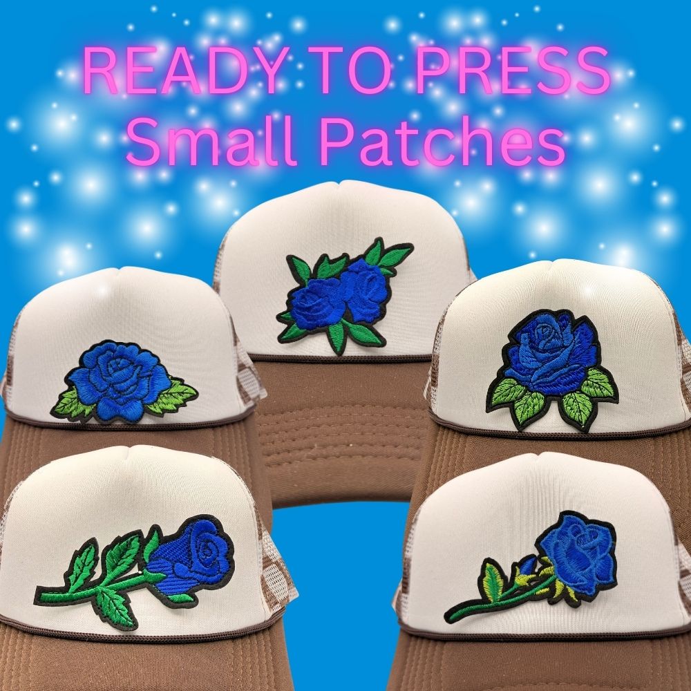 💙🌹 Ready to Press Small Patches – Blue Rose Embroidered Hat Patches