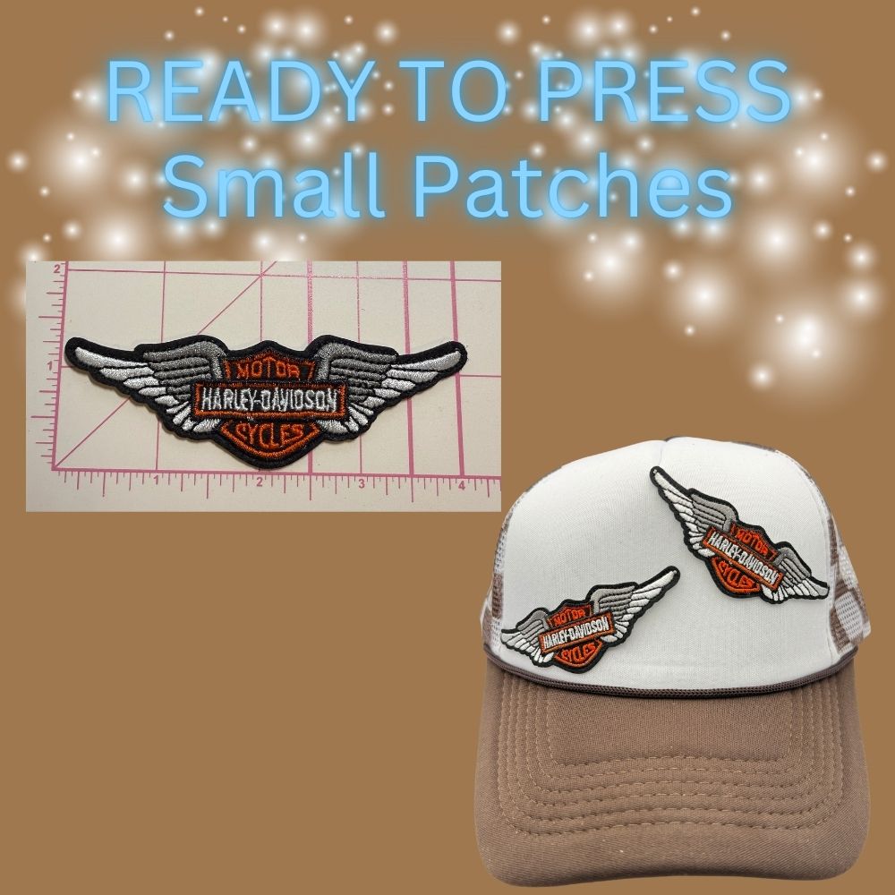 Ready to Press Small Motorcycle Logo Patches for Trucker Hats – Assorted Wing & Shield Designs