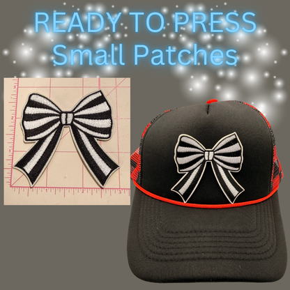 Ready to Press Small Bow Patches – Embroidered Striped Bow Appliqués for Hats, Clothing, Accessories