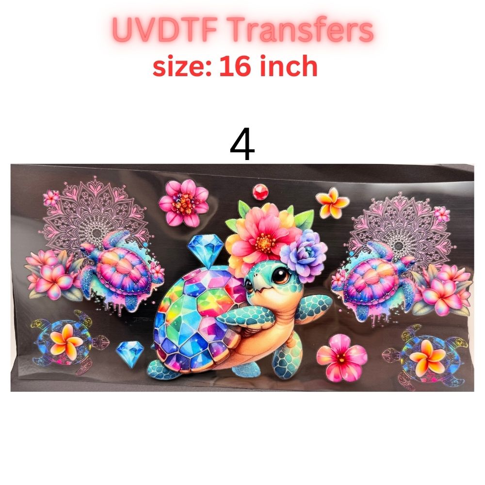 UV DTF Transfer – Colorful Floral Sea Turtle Design – 16 Inch