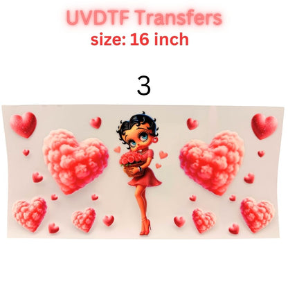 Retro Pin-Up Girl UVDTF Cup Wrap | Cute Heart Aesthetic 16oz Libbey Wrap | Valentine Coquette Tumbler Transfer | Girly Cartoon Decal