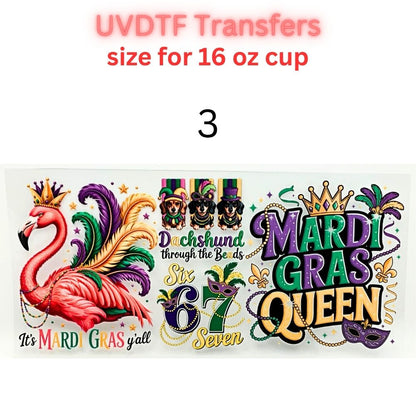 Mardi Gras UVDTF Cup Wrap | Carnival Tumbler Decal | Purple Green Gold Beads Mask Design | 16oz Glass Cup Transfer