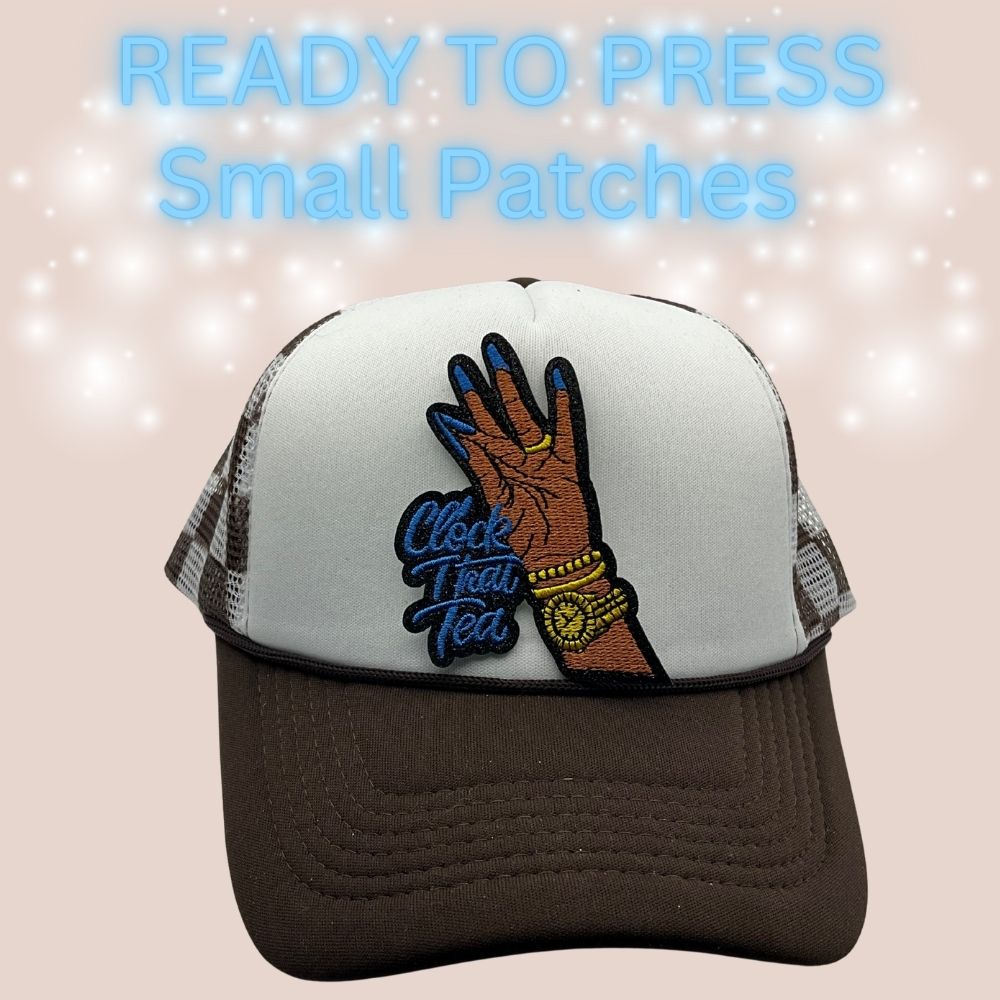 Ready to Press “Clock That Tea” Embroidered Hand Patch | Small Heat Transfer Patch for Hats & Apparel