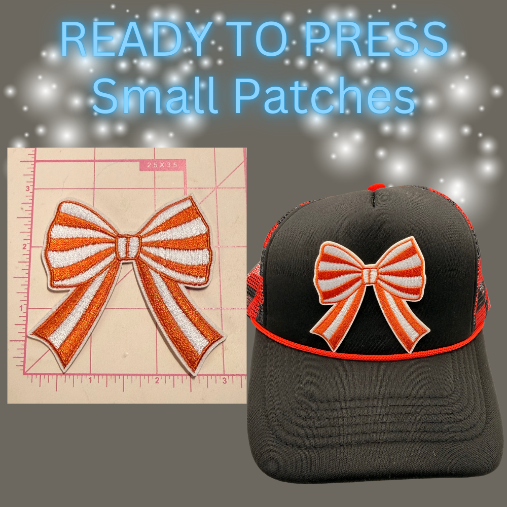 Ready to Press Small Bow Patches – Embroidered Striped Bow Appliqués for Hats, Clothing, Accessories