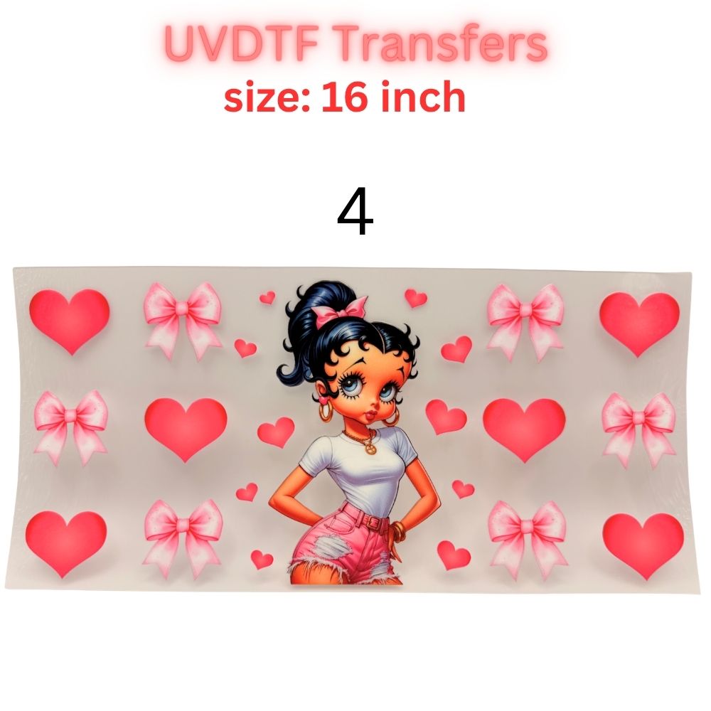 Retro Pin-Up Girl UVDTF Cup Wrap | Cute Heart Aesthetic 16oz Libbey Wrap | Valentine Coquette Tumbler Transfer | Girly Cartoon Decal