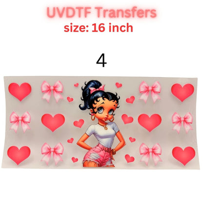 Retro Pin-Up Girl UVDTF Cup Wrap | Cute Heart Aesthetic 16oz Libbey Wrap | Valentine Coquette Tumbler Transfer | Girly Cartoon Decal