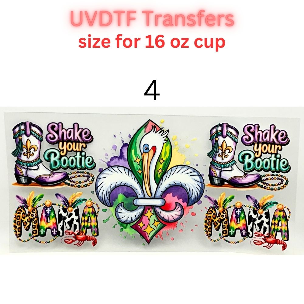 Mardi Gras UVDTF Cup Wrap | Carnival Tumbler Decal | Purple Green Gold Beads Mask Design | 16oz Glass Cup Transfer