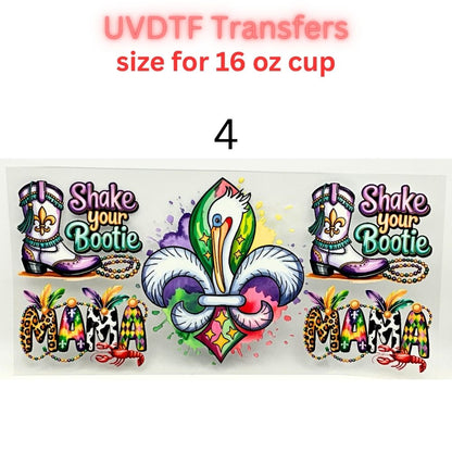 Mardi Gras UVDTF Cup Wrap | Carnival Tumbler Decal | Purple Green Gold Beads Mask Design | 16oz Glass Cup Transfer