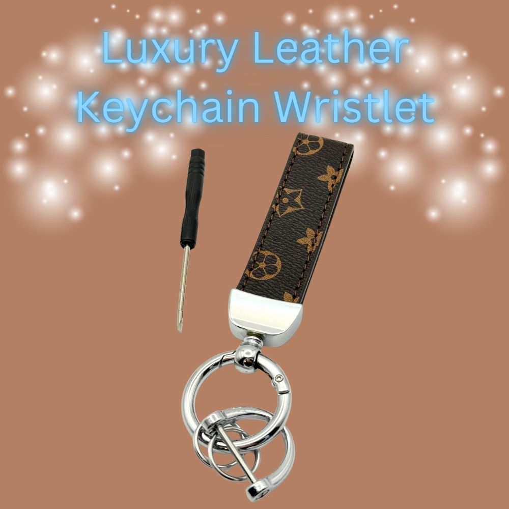 Leather Keychain Wristlet – Monogram Strap Key Ring with Metal Hardware & Mini Screwdriver