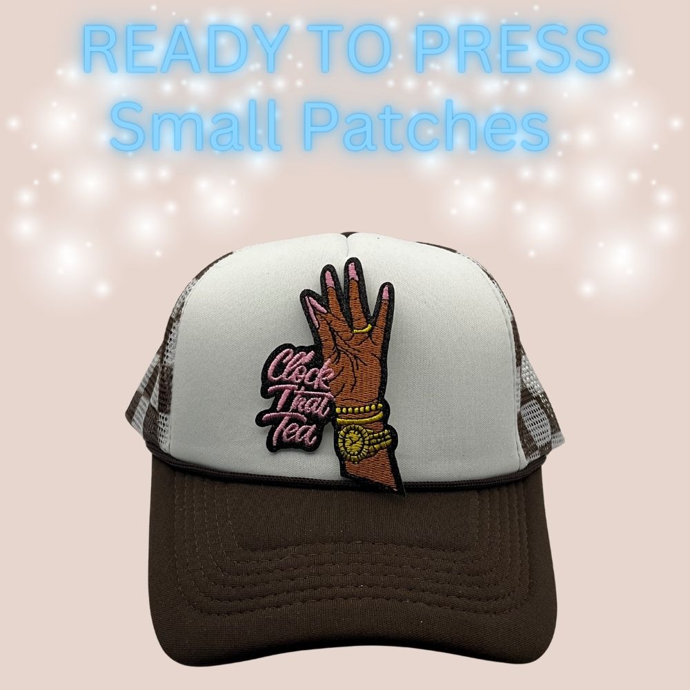 Ready to Press “Clock That Tea” Embroidered Hand Patch | Small Heat Transfer Patch for Hats & Apparel