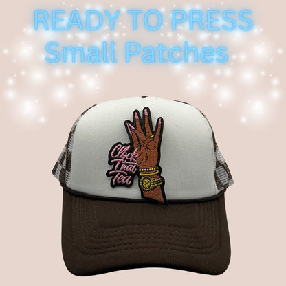 Ready to Press “Clock That Tea” Embroidered Hand Patch | Small Heat Transfer Patch for Hats & Apparel