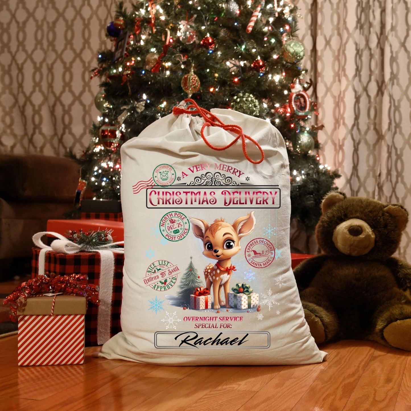 Santa Sack Sublimation Cute Reindeer Design – Christmas Delivery Gift Bag PNG & JPG (20x27 in)