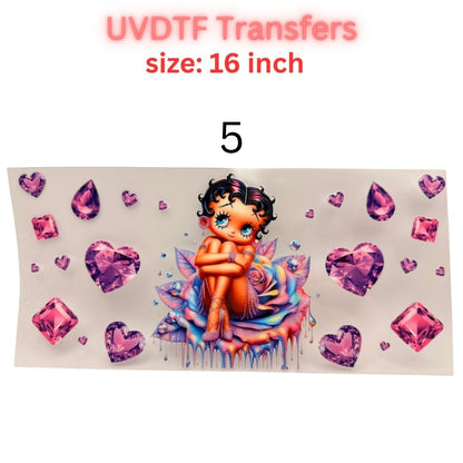 Retro Pin-Up Girl UVDTF Cup Wrap | Cute Heart Aesthetic 16oz Libbey Wrap | Valentine Coquette Tumbler Transfer | Girly Cartoon Decal