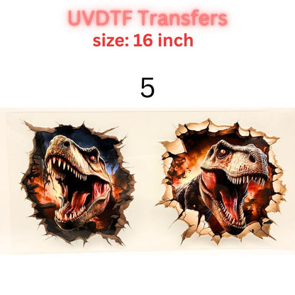 Realistic Dinosaur UVDTF Cup Wrap | T-Rex Breakthrough Design 16oz Libbey Glass Wrap | Jurassic Style Tumbler Transfer | Dino Lover Decal
