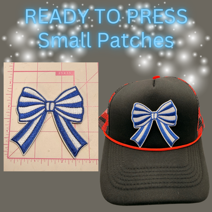 Ready to Press Small Bow Patches – Embroidered Striped Bow Appliqués for Hats, Clothing, Accessories