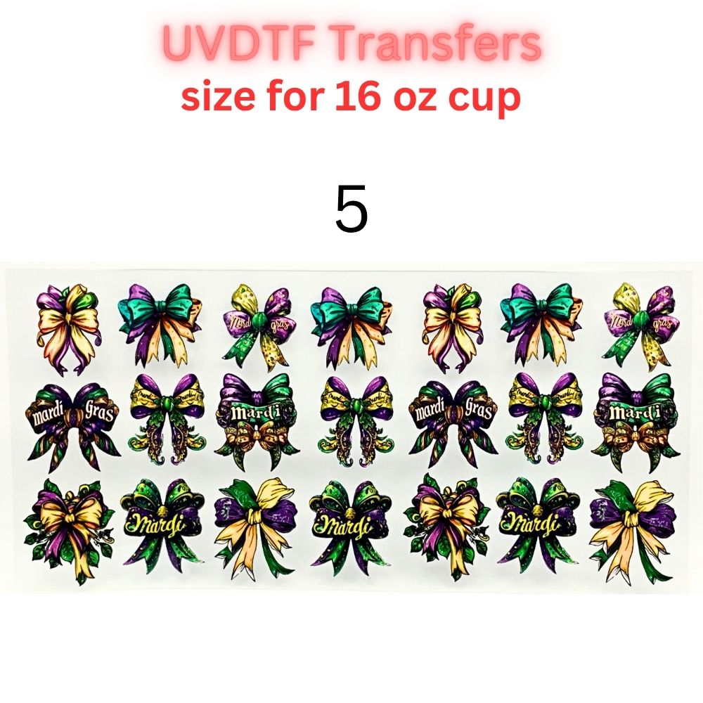 Mardi Gras UVDTF Cup Wrap | Carnival Tumbler Decal | Purple Green Gold Beads Mask Design | 16oz Glass Cup Transfer