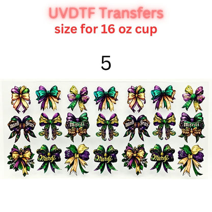 Mardi Gras UVDTF Cup Wrap | Carnival Tumbler Decal | Purple Green Gold Beads Mask Design | 16oz Glass Cup Transfer