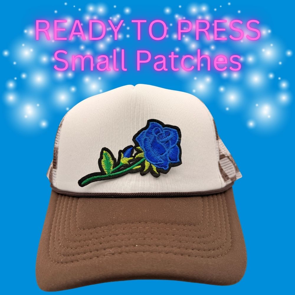 💙🌹 Ready to Press Small Patches – Blue Rose Embroidered Hat Patches