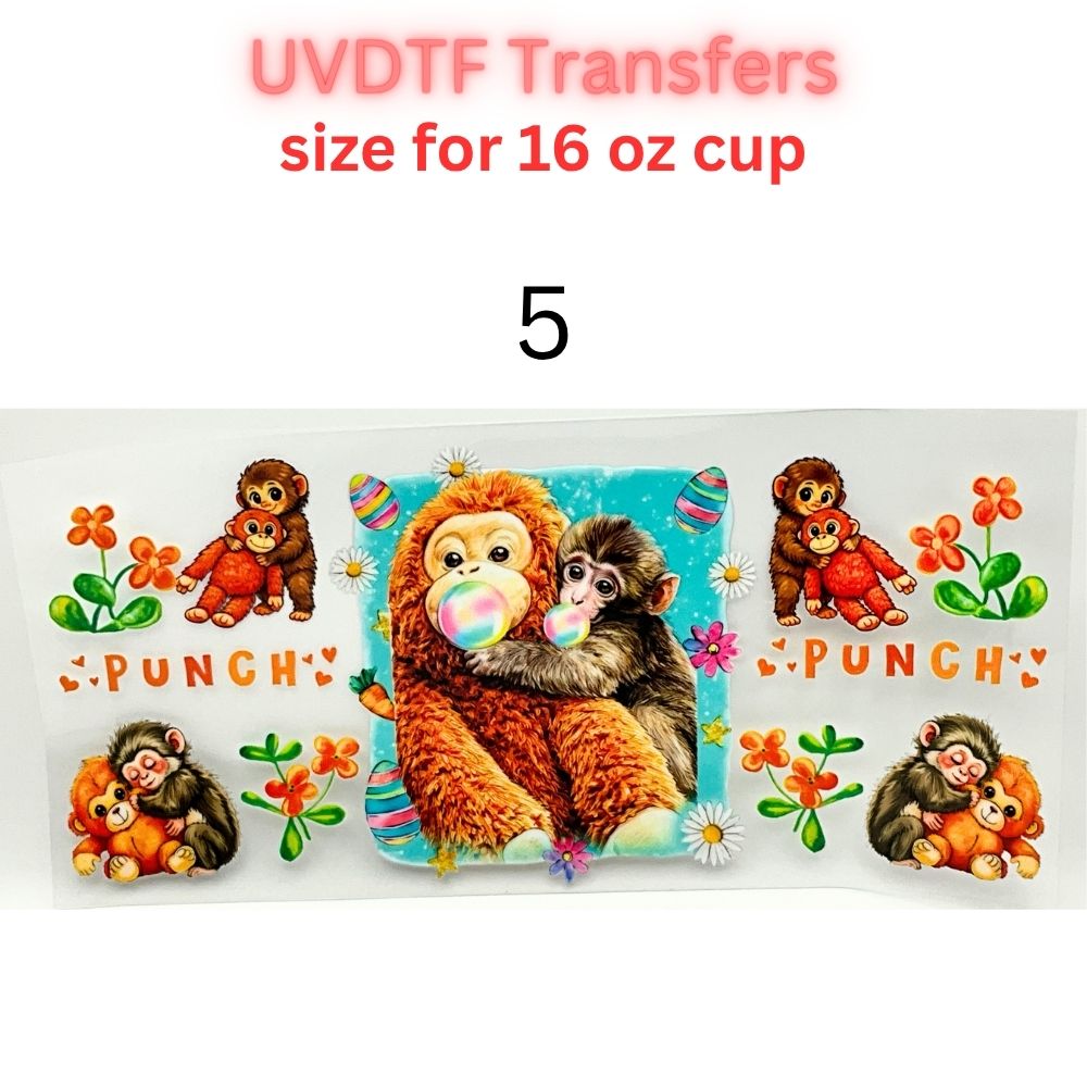 Cute Monkey UVDTF Cup Wrap | Plush Animal Tumbler Decal | Kawaii Cartoon Wrap | 16oz Glass Cup Transfer