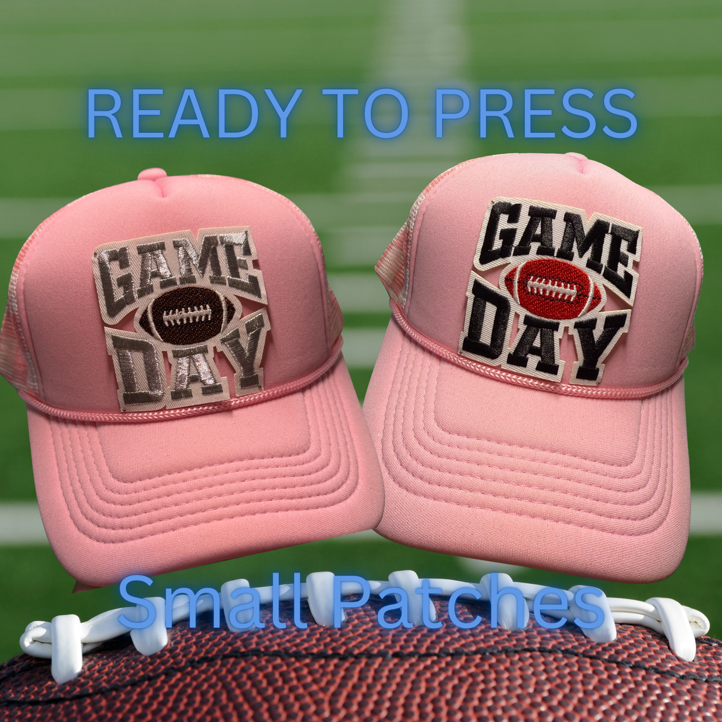 🏈 Game Day Small Patches – Ready to Press Glitter Embroidered Iron-On | Football Hat, Jacket &amp; Tote Appliqué