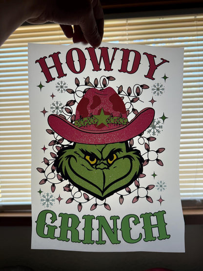Howdy Grinchy Christmas DTF Transfer – Cowgirl Vibe Ready to Press Heat Transfer