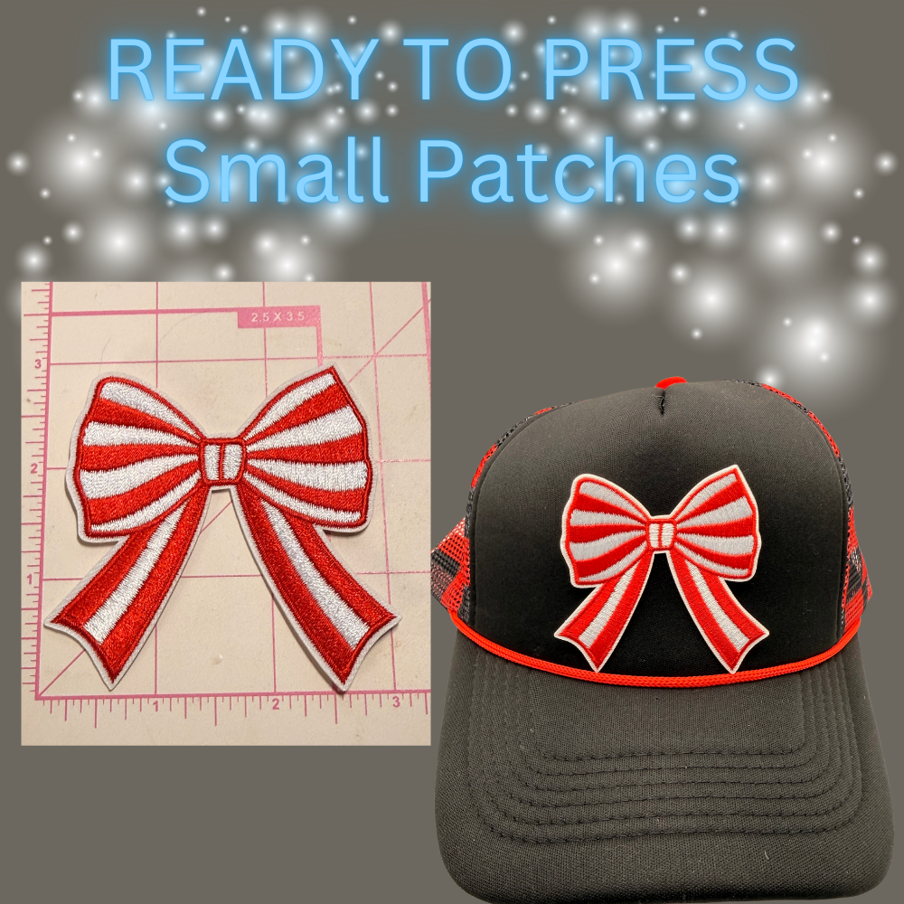 Ready to Press Small Bow Patches – Embroidered Striped Bow Appliqués for Hats, Clothing, Accessories