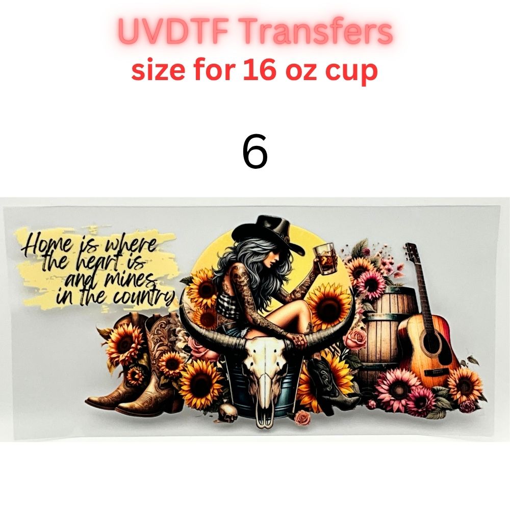 Western UVDTF Cup Wrap | Country Cowgirl Tumbler Decal | Floral Skull & Farmhouse Designs | 16oz Glass Cup Transfer