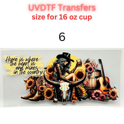 Western UVDTF Cup Wrap | Country Cowgirl Tumbler Decal | Floral Skull & Farmhouse Designs | 16oz Glass Cup Transfer