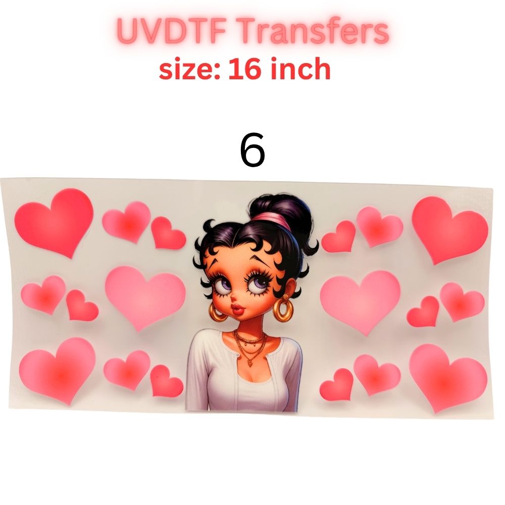Retro Pin-Up Girl UVDTF Cup Wrap | Cute Heart Aesthetic 16oz Libbey Wrap | Valentine Coquette Tumbler Transfer | Girly Cartoon Decal