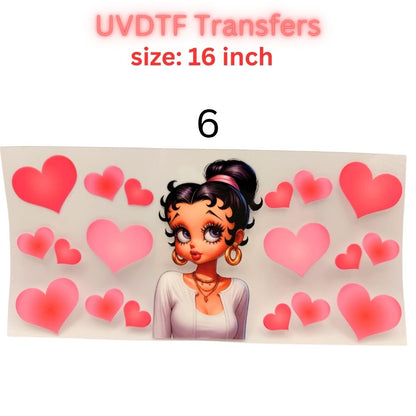 Retro Pin-Up Girl UVDTF Cup Wrap | Cute Heart Aesthetic 16oz Libbey Wrap | Valentine Coquette Tumbler Transfer | Girly Cartoon Decal