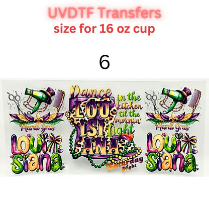 Mardi Gras UVDTF Cup Wrap | Carnival Tumbler Decal | Purple Green Gold Beads Mask Design | 16oz Glass Cup Transfer