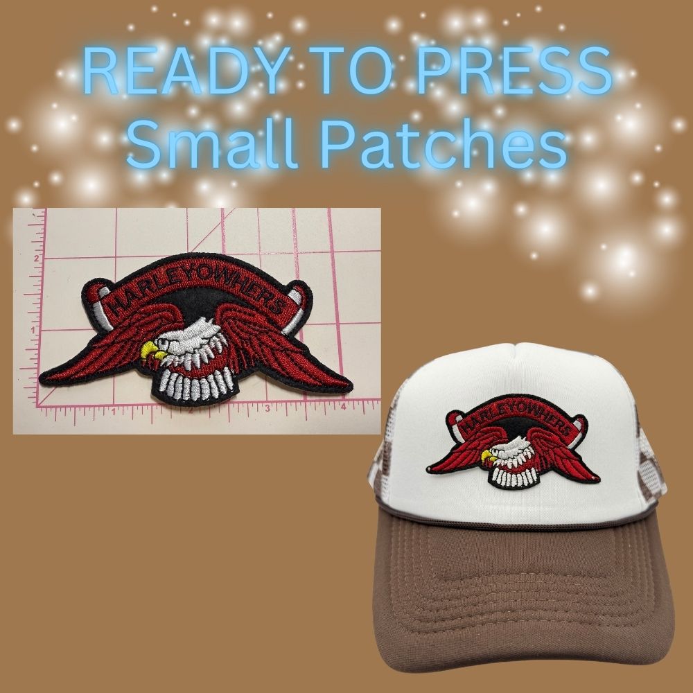 Ready to Press Small Motorcycle Logo Patches for Trucker Hats – Assorted Wing & Shield Designs