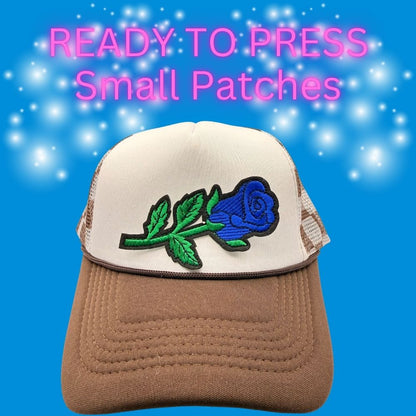 💙🌹 Ready to Press Small Patches – Blue Rose Embroidered Hat Patches
