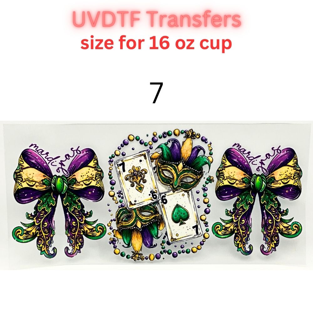 Mardi Gras UVDTF Cup Wrap | Carnival Tumbler Decal | Purple Green Gold Beads Mask Design | 16oz Glass Cup Transfer