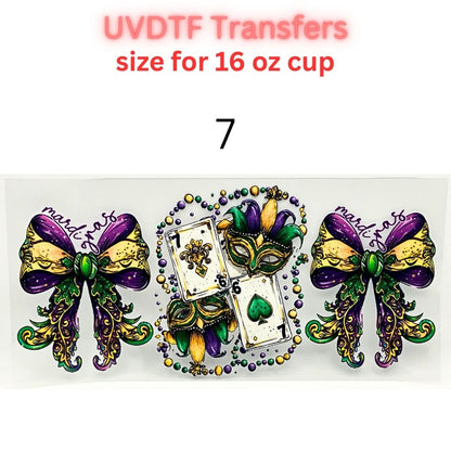 Mardi Gras UVDTF Cup Wrap | Carnival Tumbler Decal | Purple Green Gold Beads Mask Design | 16oz Glass Cup Transfer