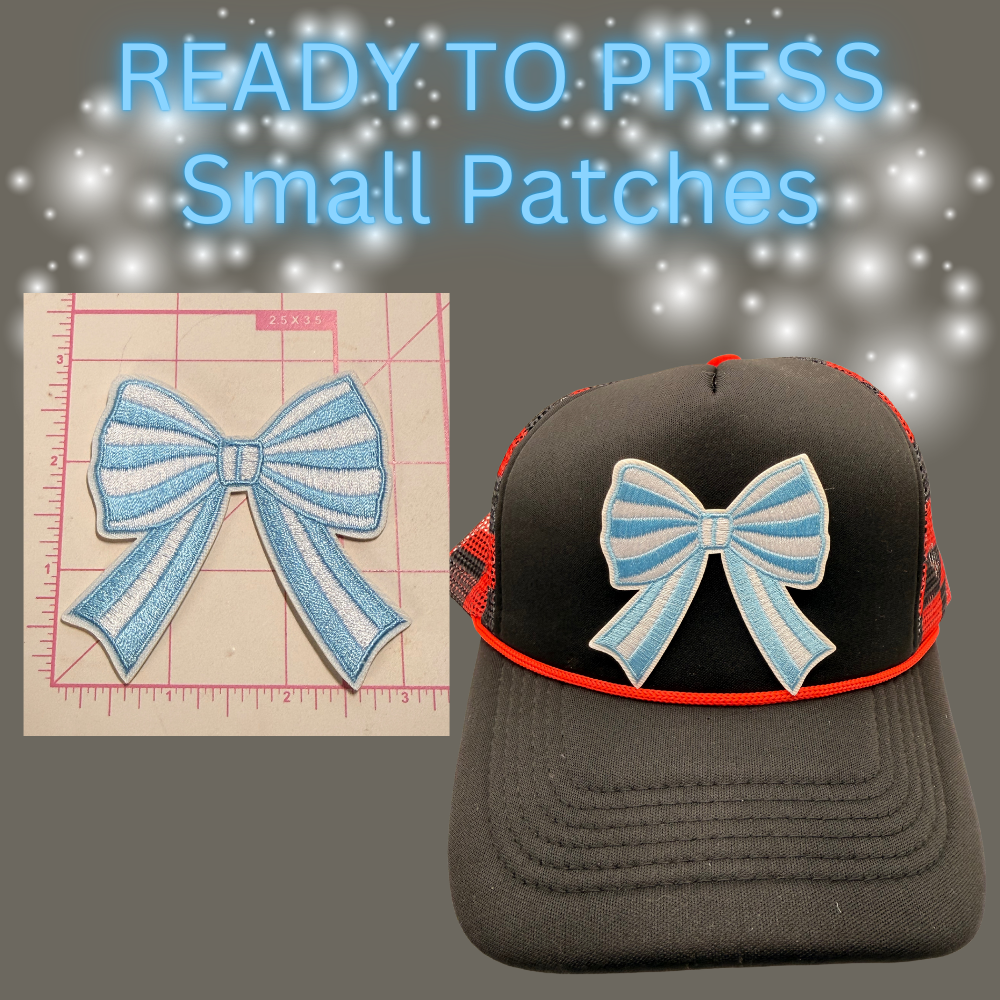 Ready to Press Small Bow Patches – Embroidered Striped Bow Appliqués for Hats, Clothing, Accessories