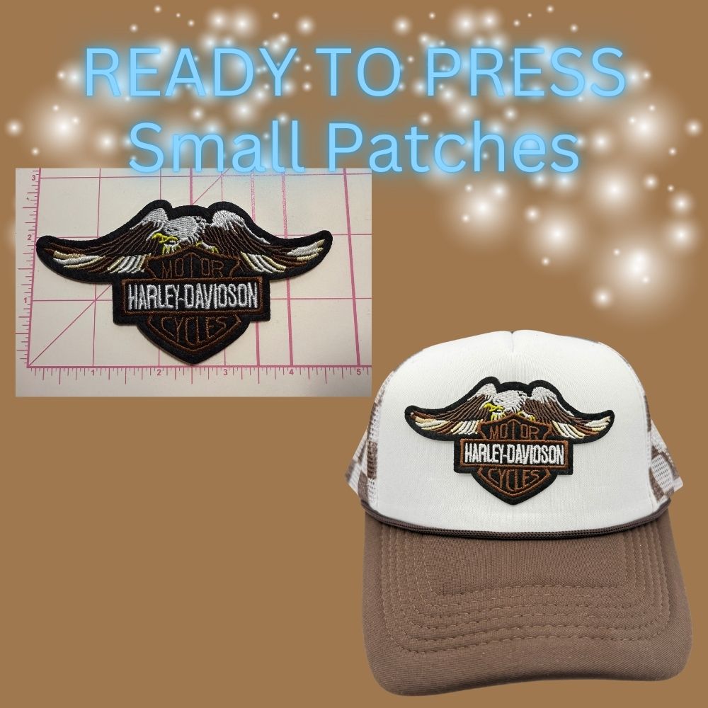 Ready to Press Small Motorcycle Logo Patches for Trucker Hats – Assorted Wing & Shield Designs
