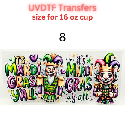 Mardi Gras UVDTF Cup Wrap | Carnival Tumbler Decal | Purple Green Gold Beads Mask Design | 16oz Glass Cup Transfer