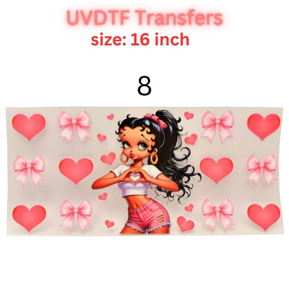 Retro Pin-Up Girl UVDTF Cup Wrap | Cute Heart Aesthetic 16oz Libbey Wrap | Valentine Coquette Tumbler Transfer | Girly Cartoon Decal